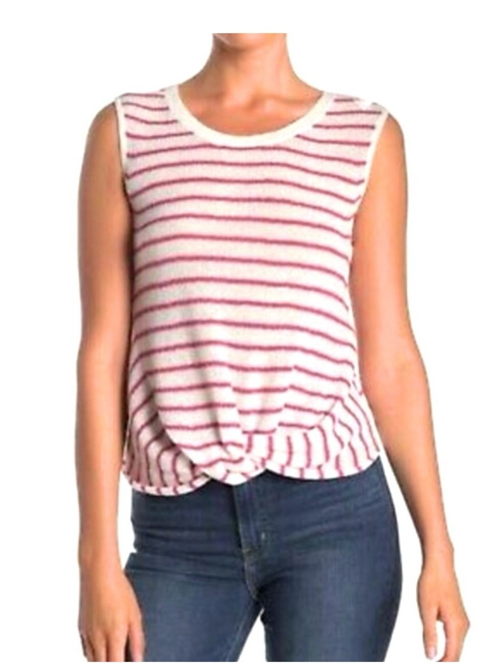 NEW Splendid Striped Twist Hem Knit Tank Cream Pink   SZ-M